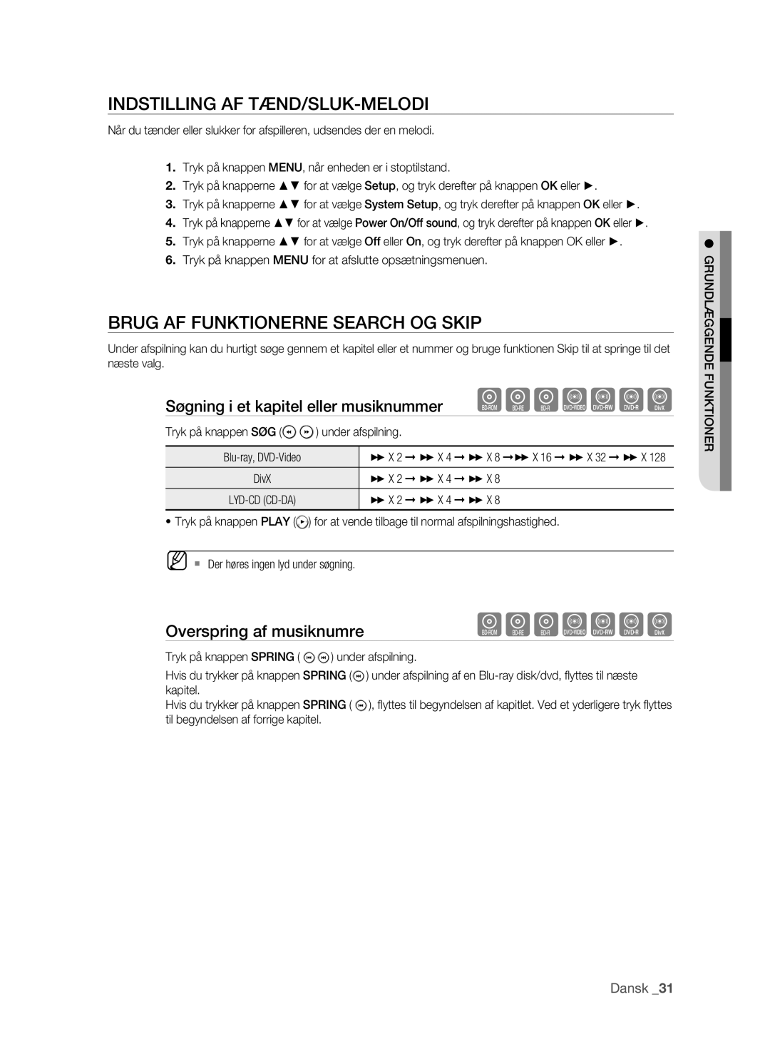 Samsung BD-P1500/XEE manual Indstilling AF TÆND/SLUK-MELODI, Brug AF Funktionerne Search OG Skip, Overspring af musiknumre 