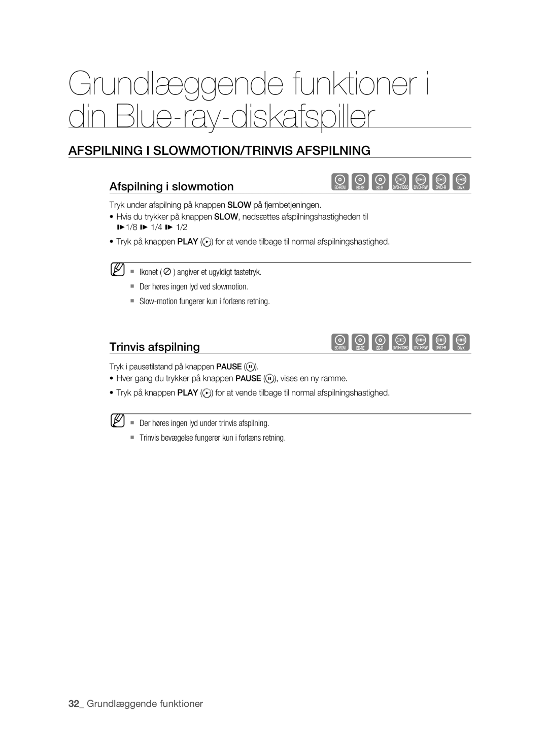 Samsung BD-P1500/XEE manual Afspilning I SLOWMOTION/TRINVIS Afspilning, Afspilning i slowmotion, Trinvis afspilning 