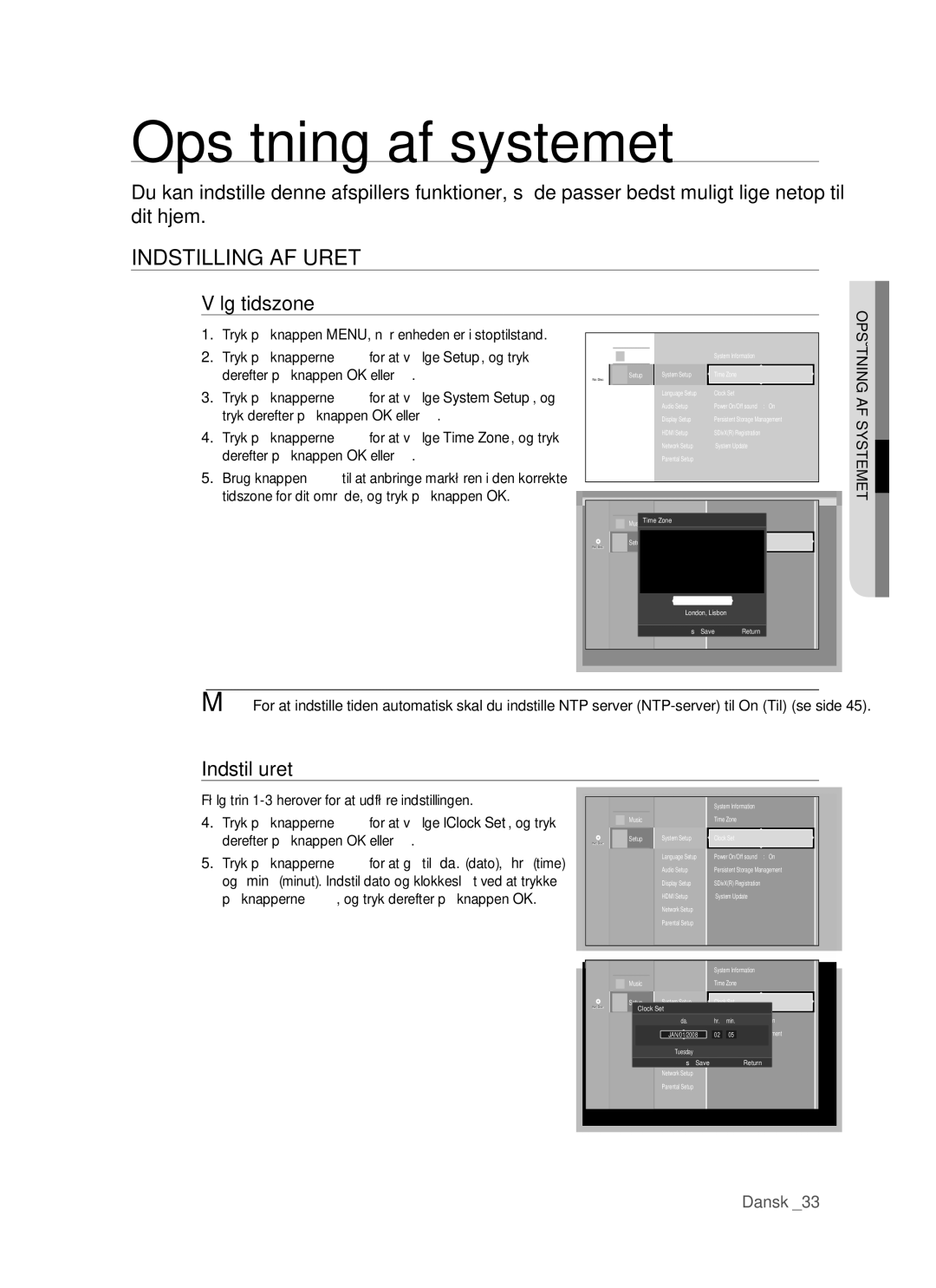 Samsung BD-P1500/XEE manual Opsætning af systemet, Indstilling AF Uret, Vælg tidszone, Indstil uret, Opsætning AF Systemet 