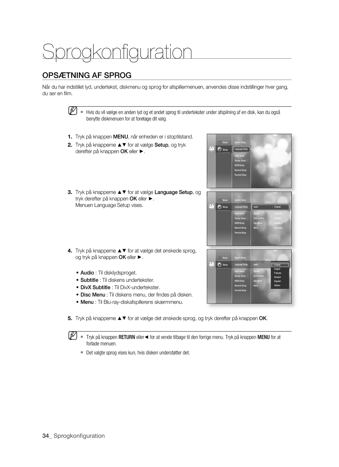 Samsung BD-P1500/XEE manual Sprogkonﬁ guration, Opsætning AF Sprog, Sprogkonﬁguration 