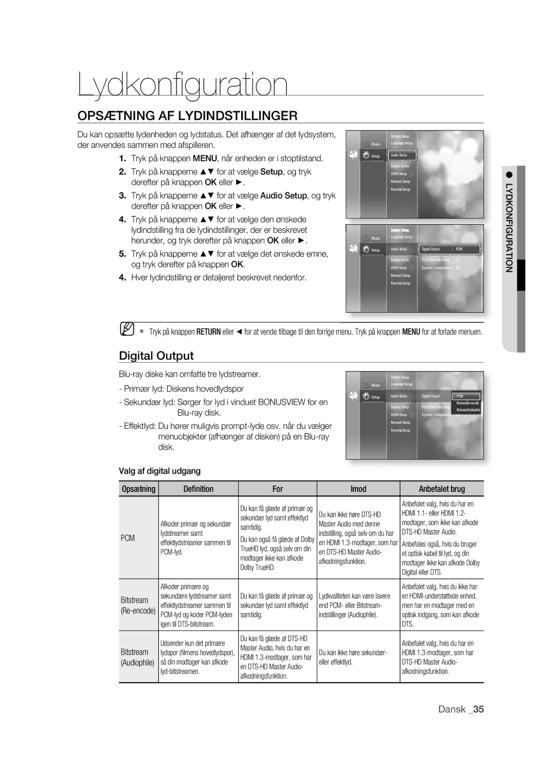 Samsung BD-P1500/XEE manual Lydkonﬁ guration, Opsætning AF Lydindstillinger, Digital Output, Lydkonfiguration, Pcm 