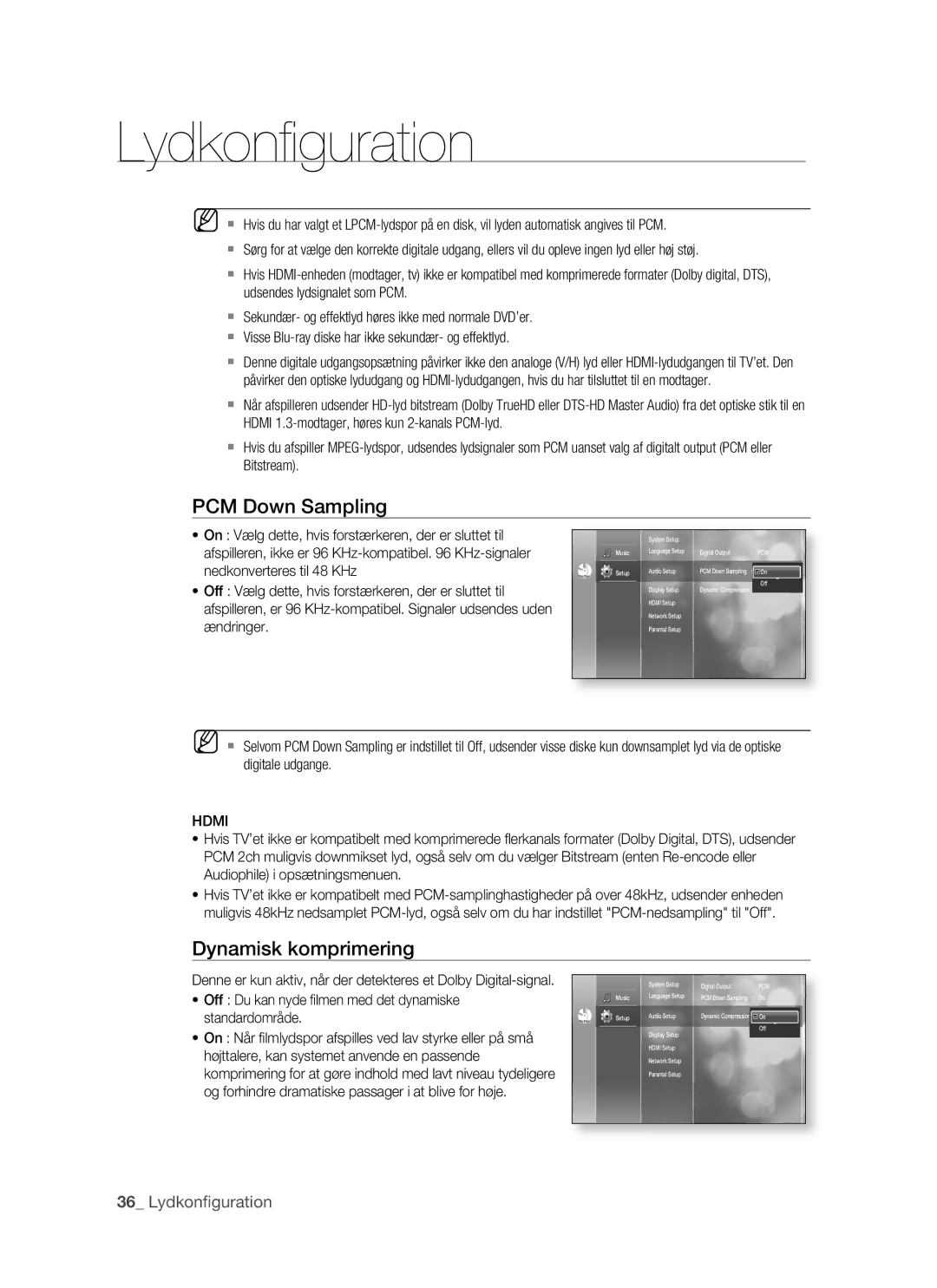 Samsung BD-P1500/XEE manual PCM Down Sampling, Dynamisk komprimering, Lydkonﬁguration, Hdmi 