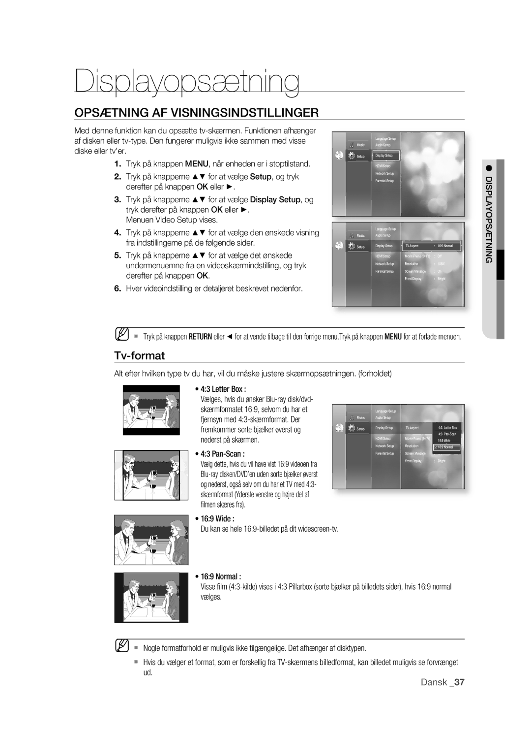 Samsung BD-P1500/XEE manual Displayopsætning, Opsætning AF Visningsindstillinger, Tv-format 