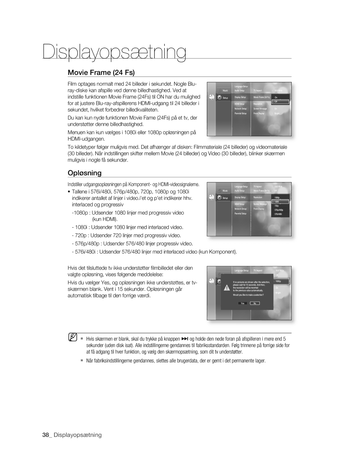 Samsung BD-P1500/XEE manual Opløsning, Displayopsætning 