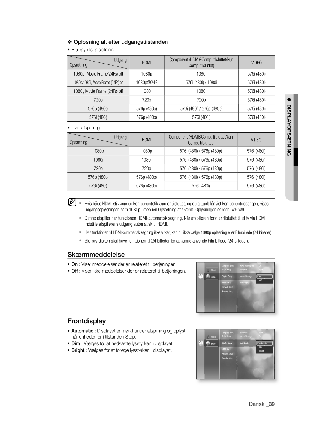 Samsung BD-P1500/XEE manual Skærmmeddelelse, Frontdisplay, Video, Displayopsætning 