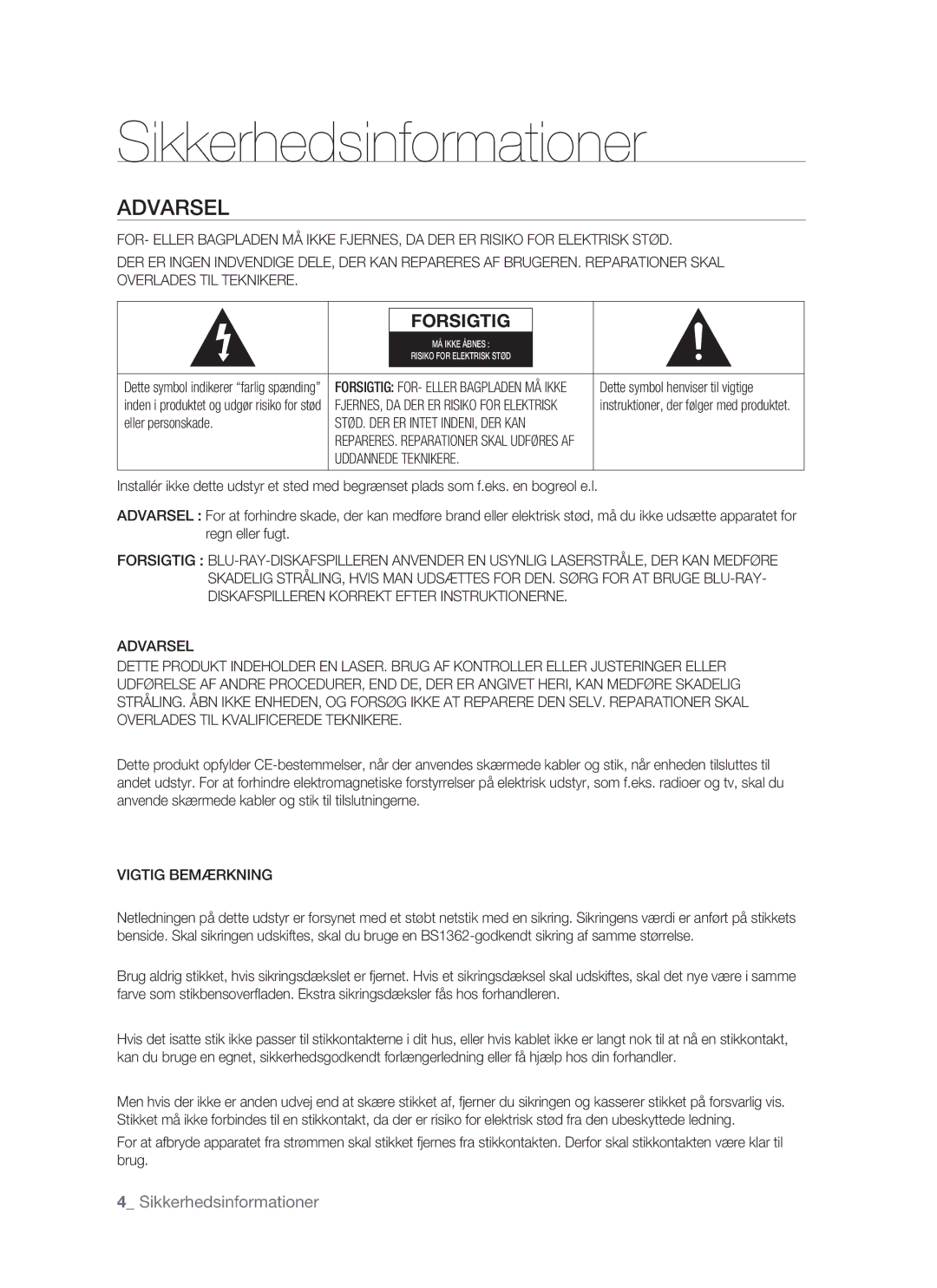 Samsung BD-P1500/XEE manual Sikkerhedsinformationer, Eller personskade, Uddannede Teknikere, Vigtig Bemærkning 