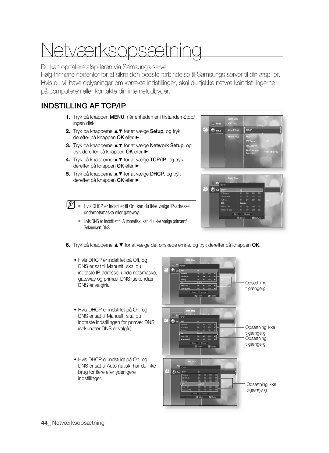 Samsung BD-P1500/XEE manual Indstilling AF TCP/IP, Netværksopsætning 