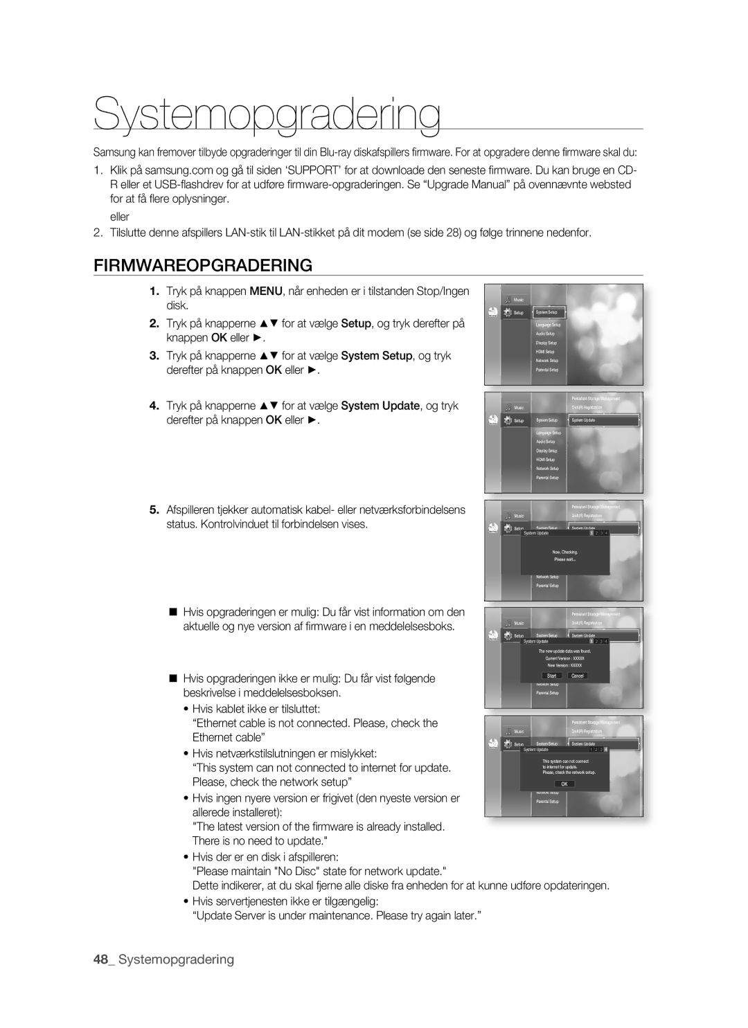 Samsung BD-P1500/XEE manual Systemopgradering, Firmwareopgradering 