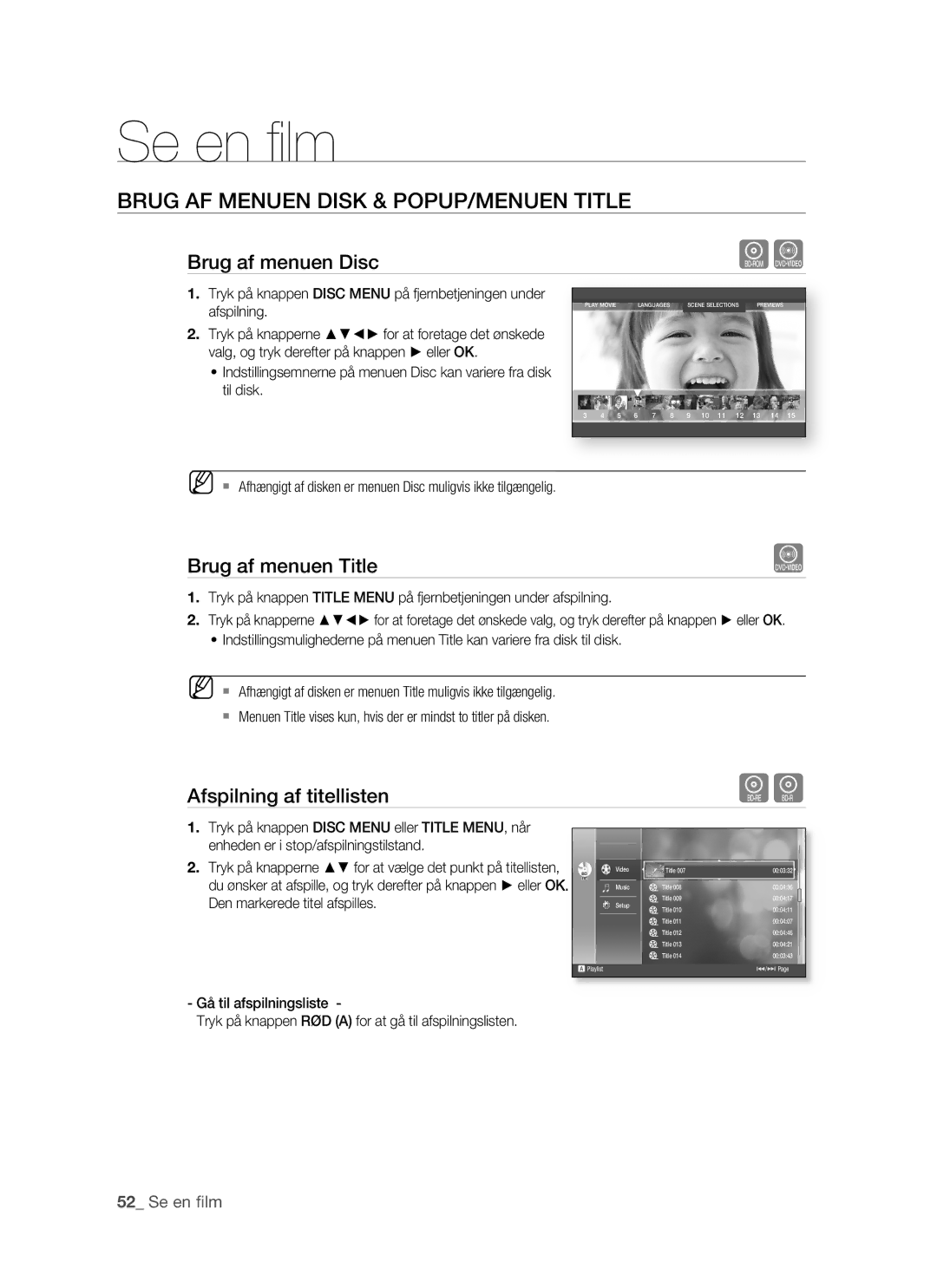 Samsung BD-P1500/XEE manual Brug AF Menuen Disk & POPUP/MENUEN Title, Brug af menuen Disc, Brug af menuen Title, Se en ﬁlm 