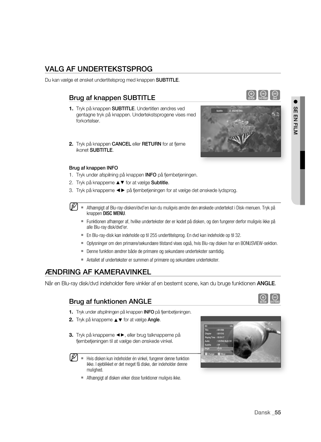 Samsung BD-P1500/XEE manual Valg AF Undertekstsprog, Ændring AF Kameravinkel, Brug af funktionen Angle 