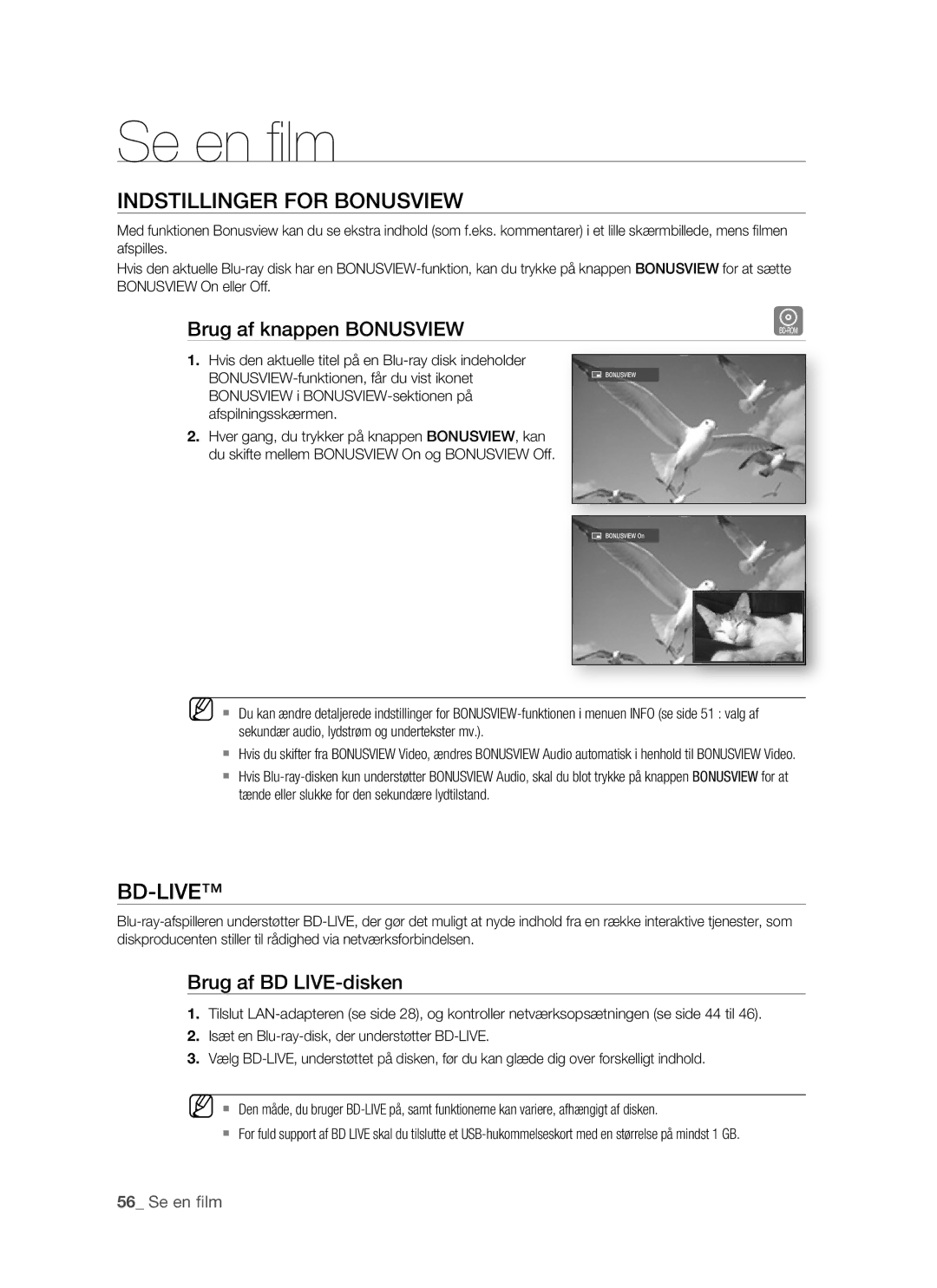 Samsung BD-P1500/XEE manual Indstillinger for Bonusview, Bd-Live, Brug af knappen Bonusview, Brug af BD LIVE-disken 