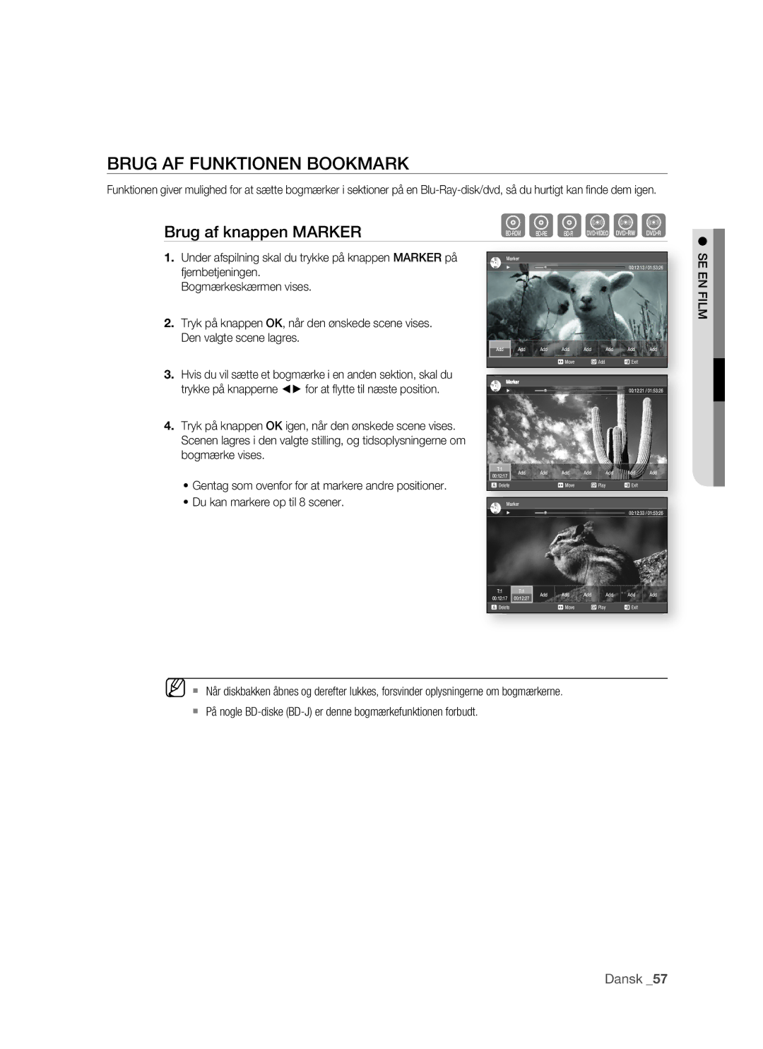 Samsung BD-P1500/XEE manual Brug AF Funktionen Bookmark, Brug af knappen Marker 