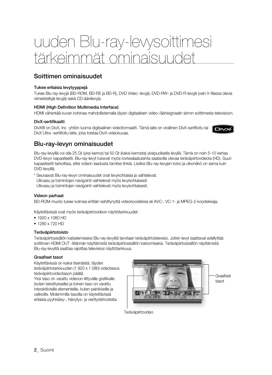 Samsung BD-P1500/XEE manual Uuden Blu-ray-levysoittimesi tärkeimmät ominaisuudet, Teräväpiirtovideo 