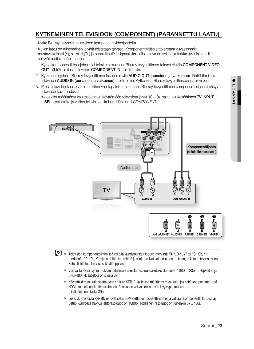 Samsung BD-P1500/XEE manual Kytkeminen Televisioon Component Parannettu Laatu, Ei toimiteta mukana Audiojohto 