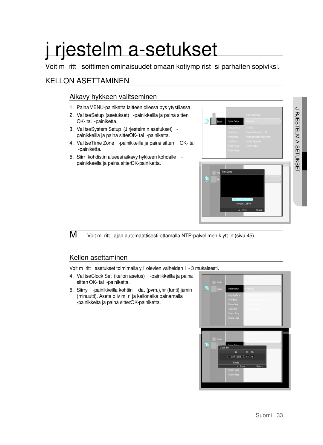 Samsung BD-P1500/XEE manual Järjestelmäa-setukset, Kellon Asettaminen, Aikavyöhykkeen valitseminen, Kellon asettaminen 