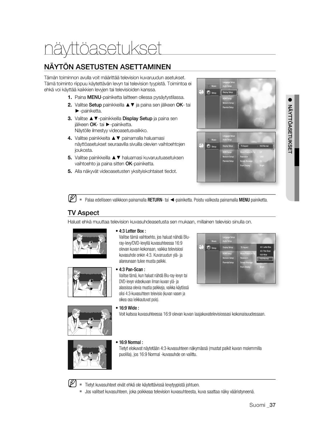 Samsung BD-P1500/XEE manual Näyttöasetukset, Näytön Asetusten Asettaminen, TV Aspect 