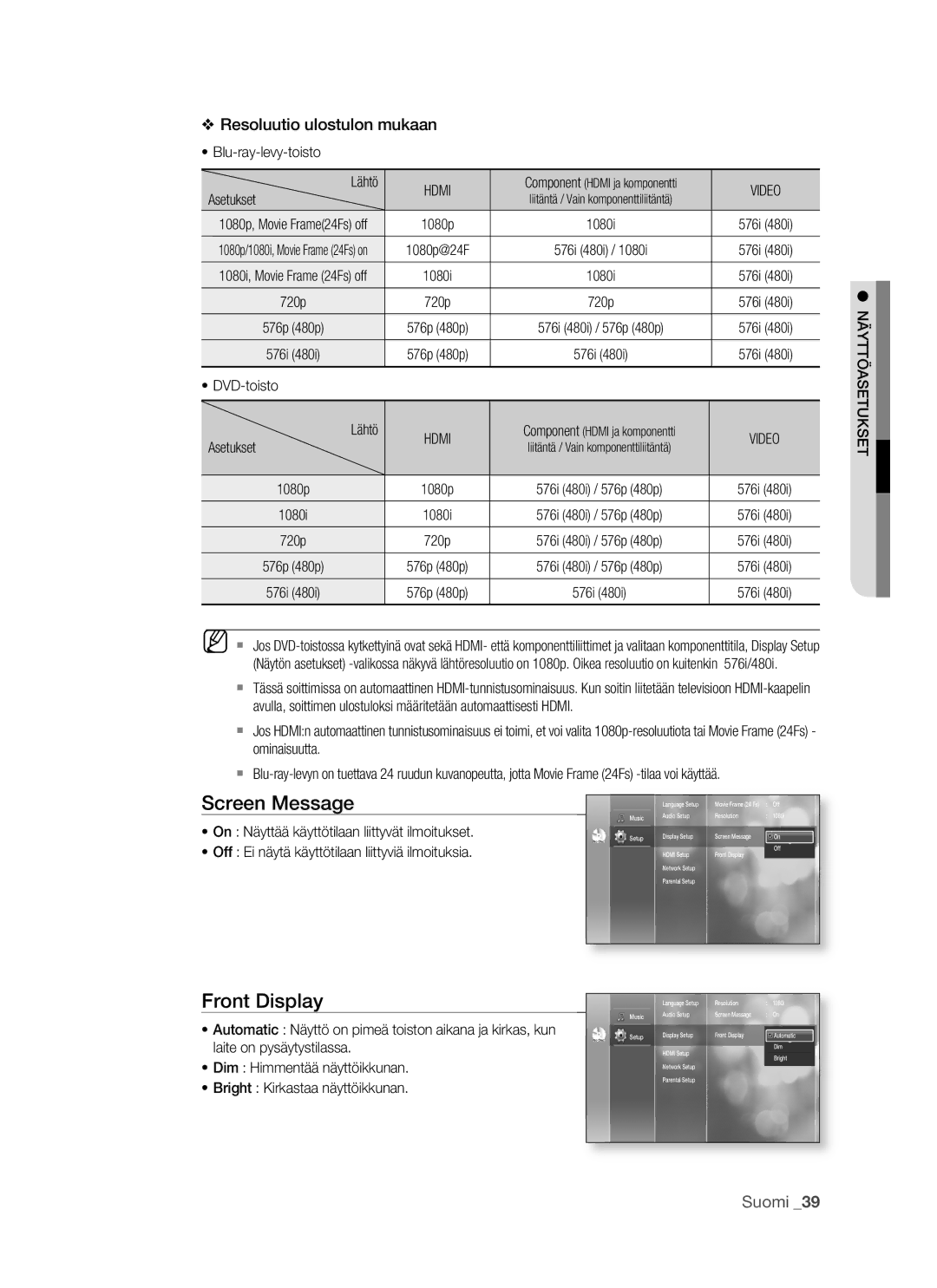 Samsung BD-P1500/XEE manual Front Display, Video, On Näyttää käyttötilaan liittyvät ilmoitukset, Näyttöasetukset 