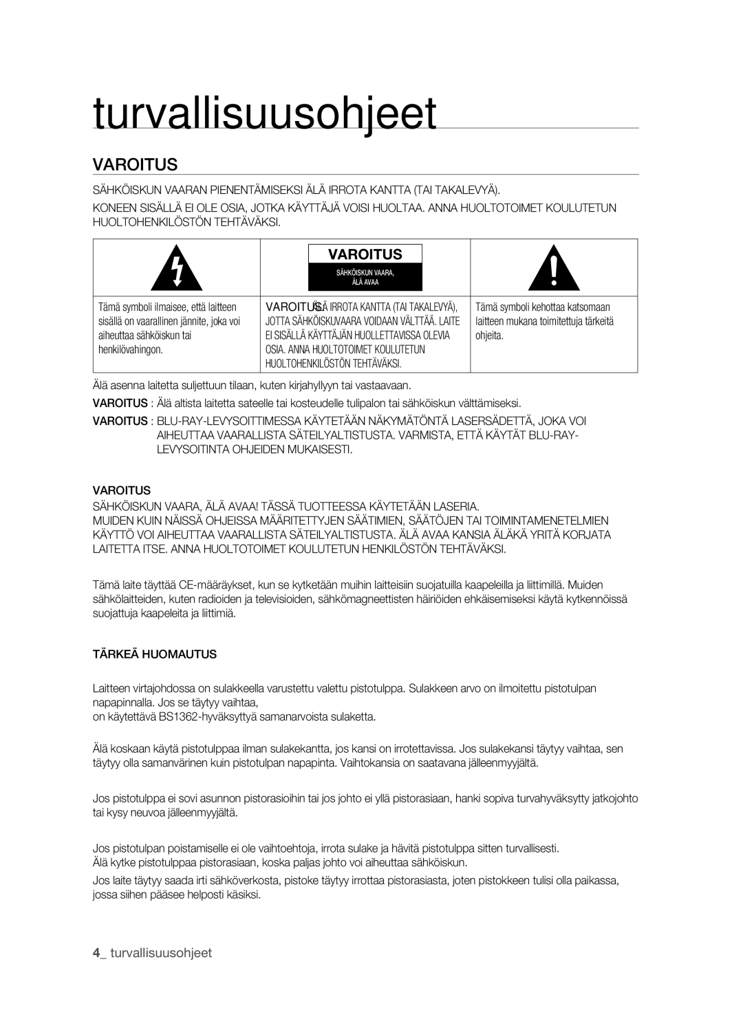 Samsung BD-P1500/XEE manual Turvallisuusohjeet, Varoitus, Tärkeä Huomautus 