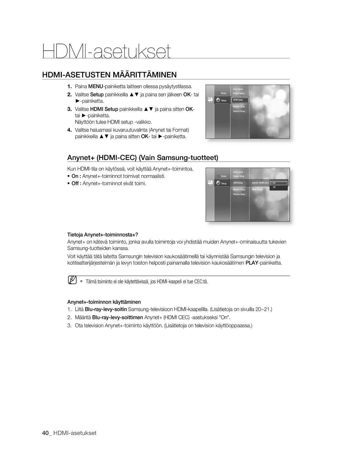 Samsung BD-P1500/XEE manual HDMI-asetukset, HDMI-ASETUSTEN Määrittäminen, Anynet+ HDMI-CEC Vain Samsung-tuotteet 