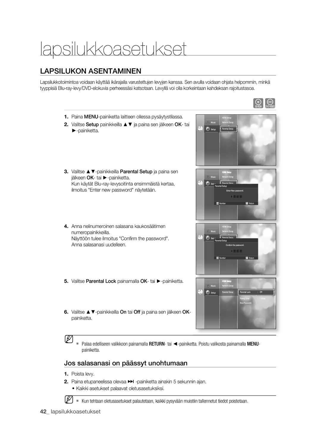 Samsung BD-P1500/XEE manual Lapsilukkoasetukset, Lapsilukon Asentaminen, Jos salasanasi on päässyt unohtumaan 