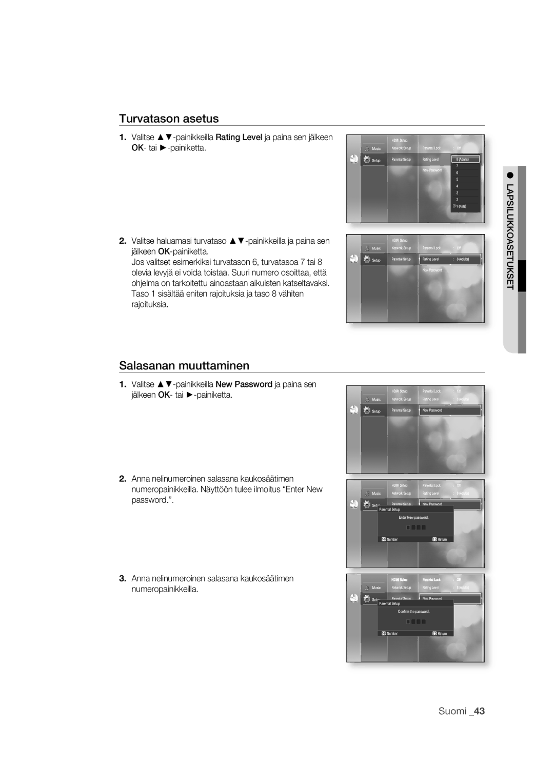 Samsung BD-P1500/XEE manual Turvatason asetus, Salasanan muuttaminen, Lapsilukkoasetukset 