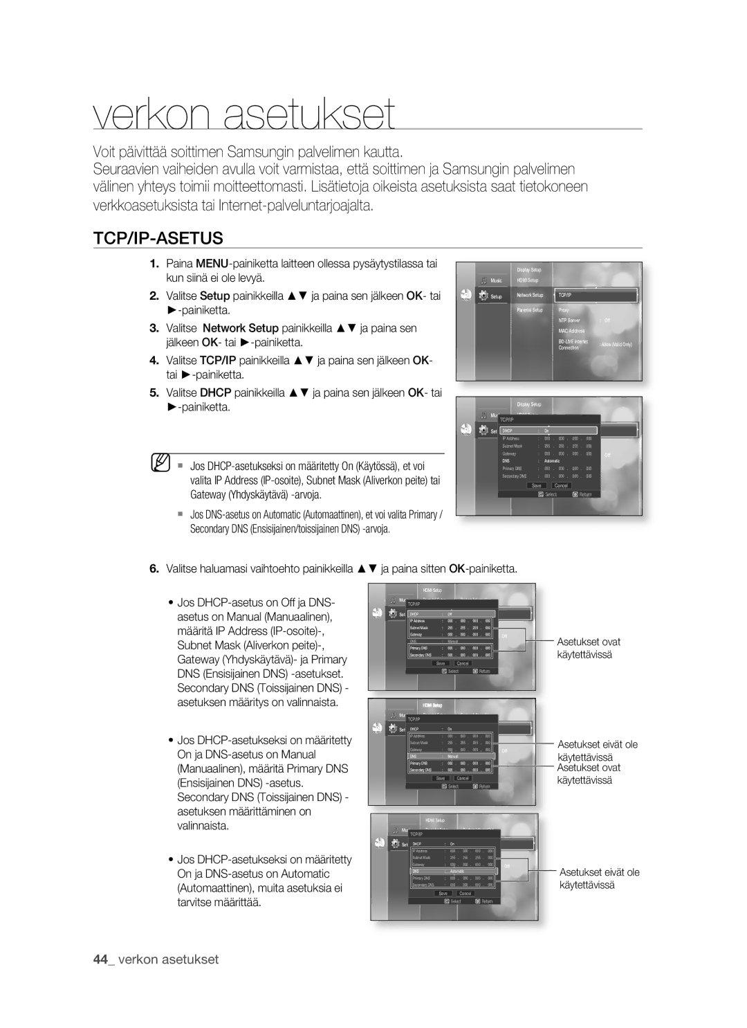 Samsung BD-P1500/XEE manual Verkon asetukset, Tcp/Ip-Asetus, Voit päivittää soittimen Samsungin palvelimen kautta 