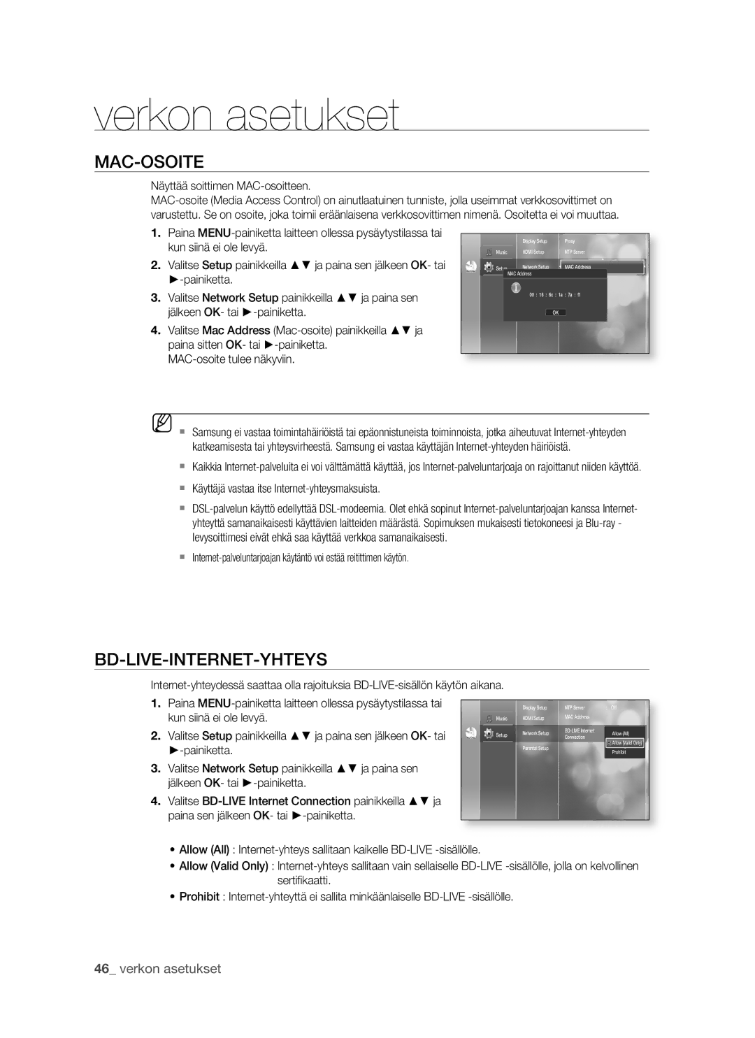 Samsung BD-P1500/XEE manual Mac-Osoite, Bd-Live-Internet-Yhteys, Näyttää soittimen MAC-osoitteen 