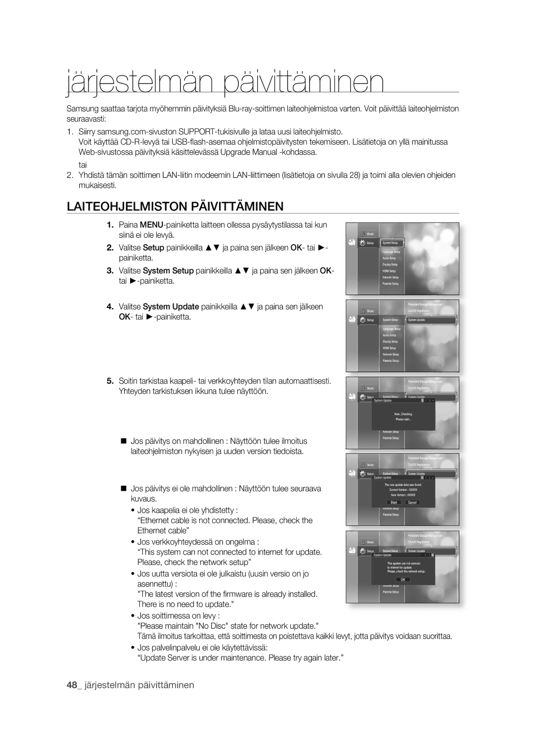 Samsung BD-P1500/XEE manual Järjestelmän päivittäminen, Laiteohjelmiston Päivittäminen, Siinä ei ole levyä, Tai -painiketta 