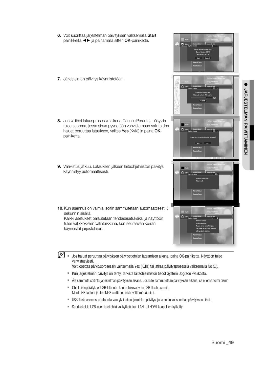 Samsung BD-P1500/XEE manual Voit suorittaa järjestelmän päivityksen valitsemalla Start, OK-painiketta, Järjestelmän 