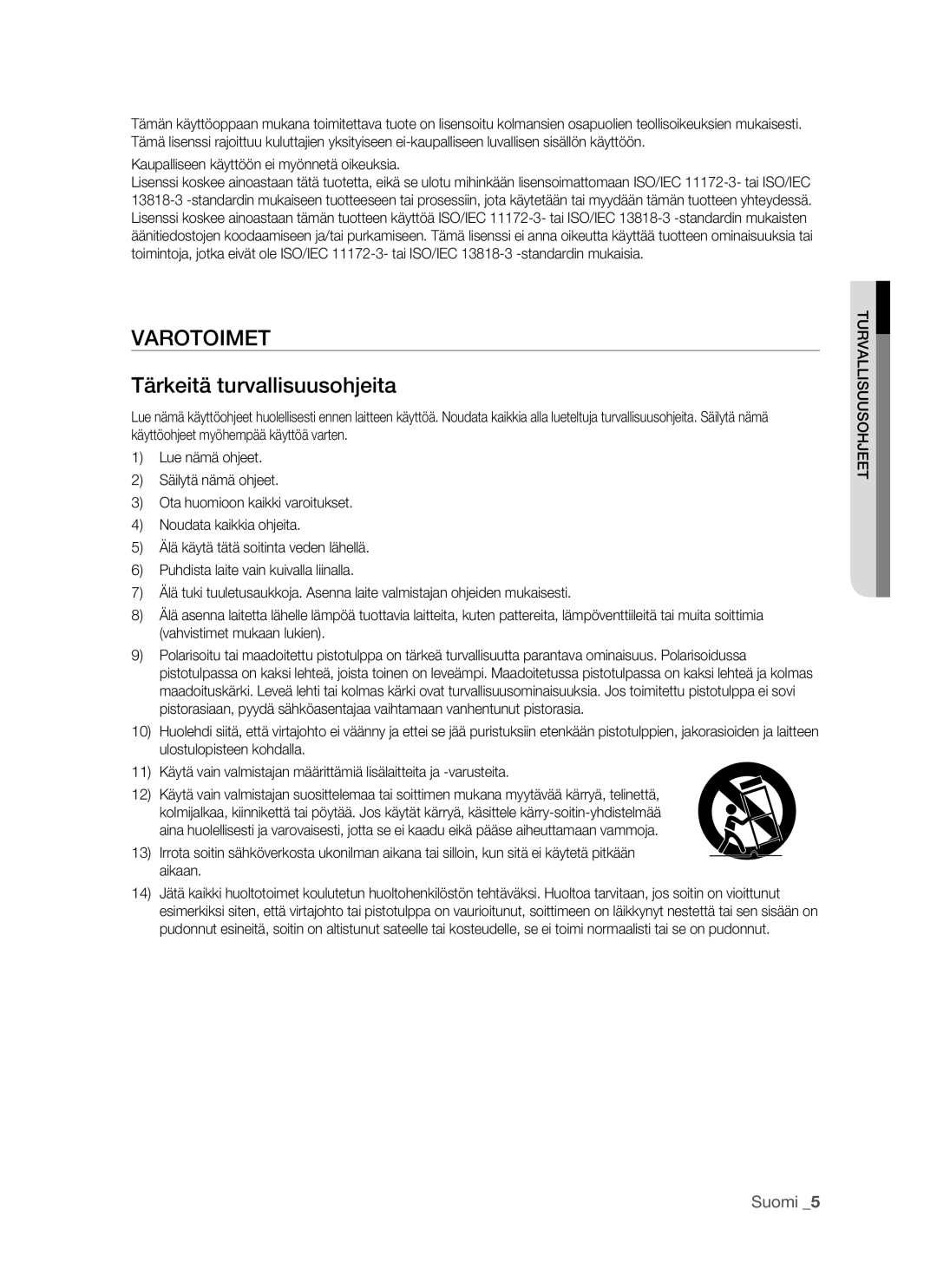 Samsung BD-P1500/XEE manual Varotoimet, Kaupalliseen käyttöön ei myönnetä oikeuksia, Turvallisuusohjeet 