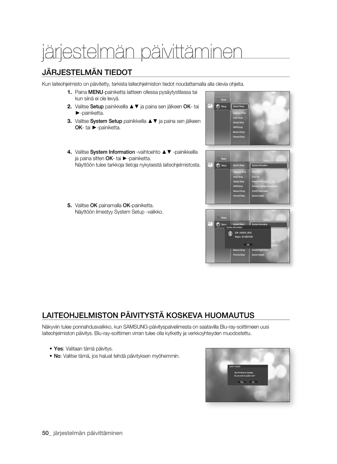 Samsung BD-P1500/XEE manual Järjestelmän Tiedot, Laiteohjelmiston Päivitystä Koskeva Huomautus 