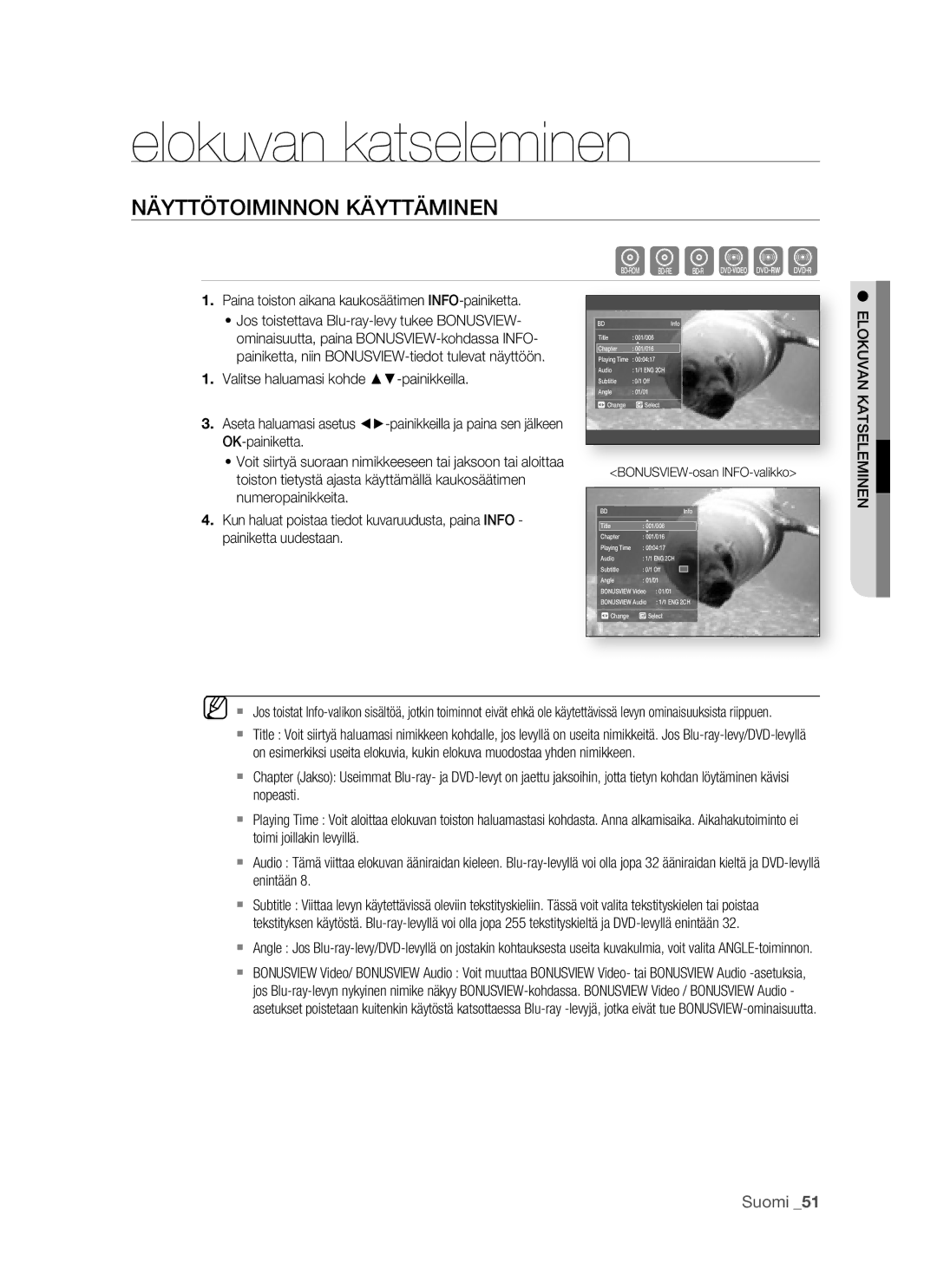 Samsung BD-P1500/XEE manual Elokuvan katseleminen, Näyttötoiminnon Käyttäminen, Elokuvan Katseleminen 