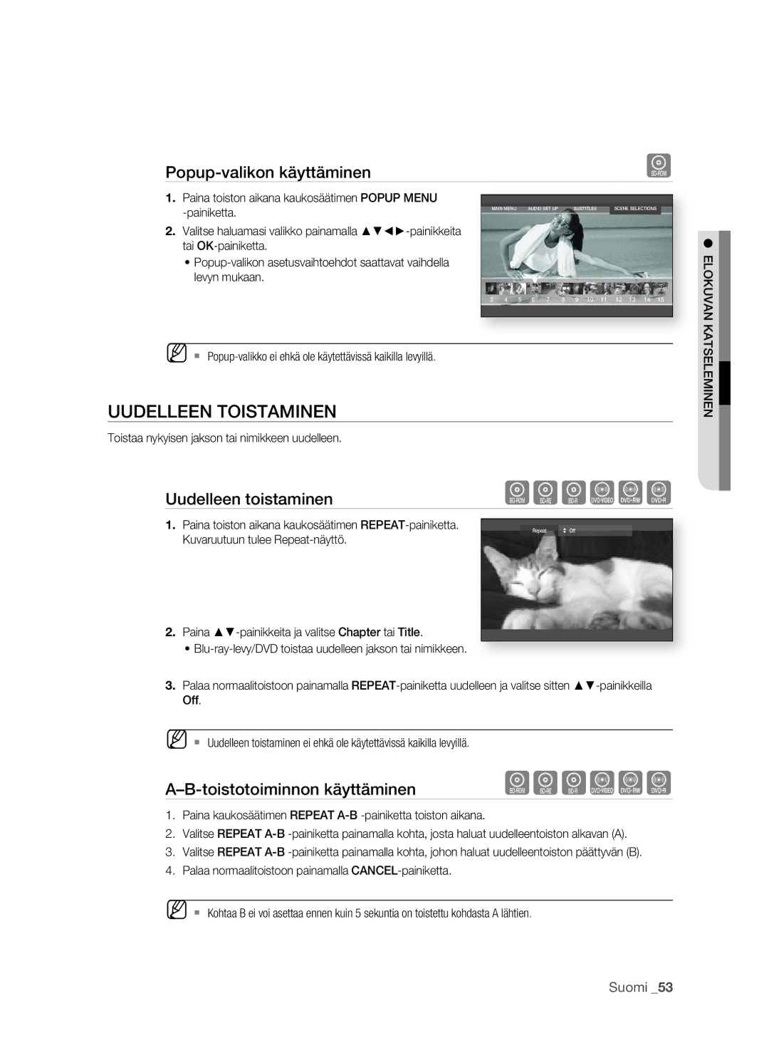 Samsung BD-P1500/XEE Uudelleen Toistaminen, Popup-valikon käyttäminen, Toistotoiminnon käyttäminen, Elokuvan, Katseleminen 