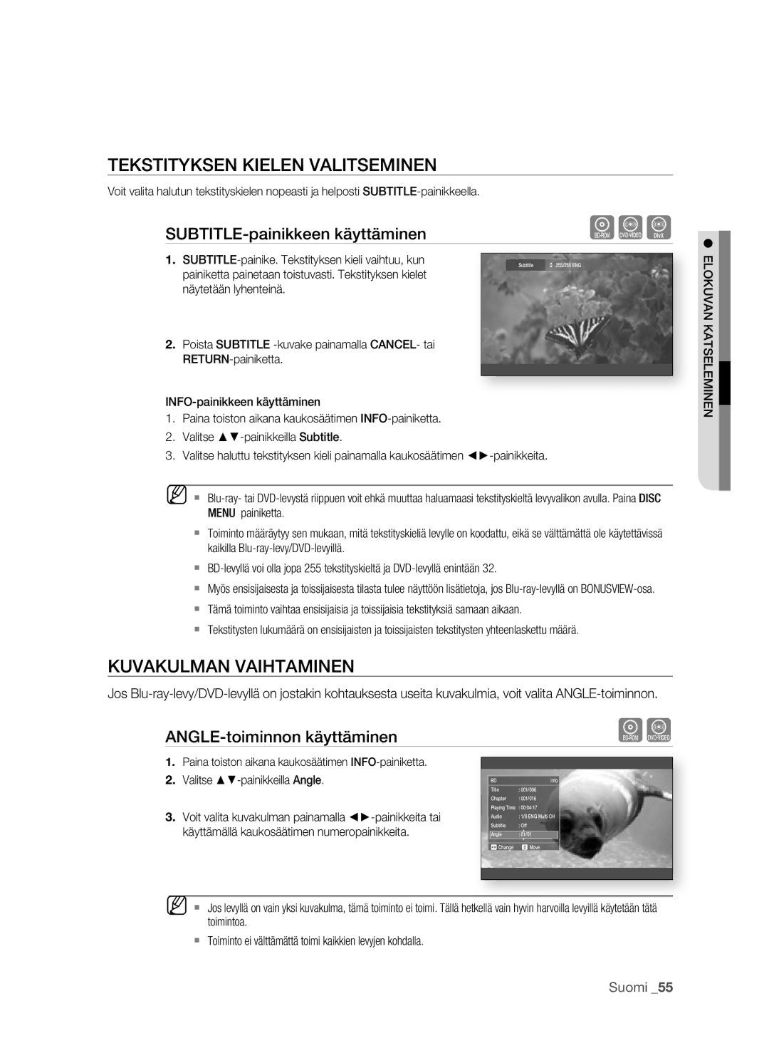 Samsung BD-P1500/XEE manual Tekstityksen Kielen Valitseminen, Kuvakulman Vaihtaminen, ANGLE-toiminnon käyttäminen 