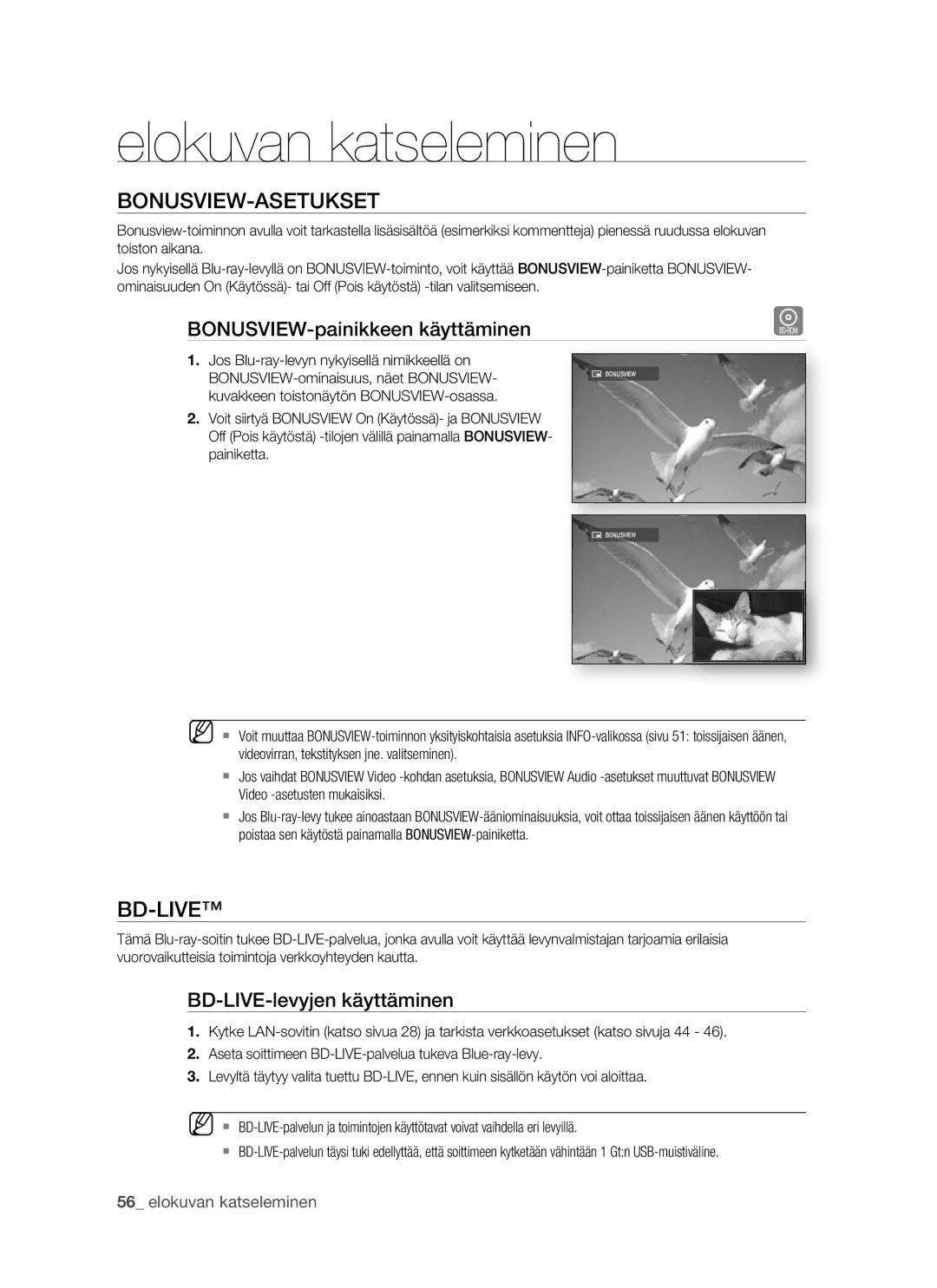 Samsung BD-P1500/XEE manual Bonusview-Asetukset, Bd-Live, BONUSVIEW-painikkeen käyttäminen, BD-LIVE-levyjen käyttäminen 