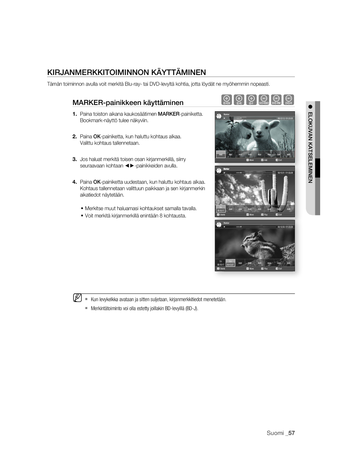 Samsung BD-P1500/XEE manual Kirjanmerkkitoiminnon Käyttäminen, MARKER-painikkeen käyttäminenhgfZCV 