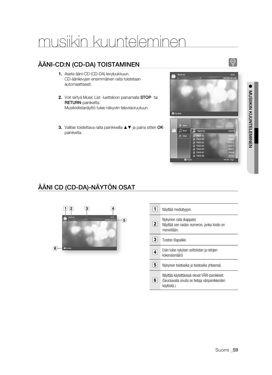 Samsung BD-P1500/XEE Musiikin kuunteleminen, ÄÄNI-CDN CD-DA Toistaminen, Ääni CD CD-DA-NÄYTÖN Osat, Musiikin Kuunteleminen 