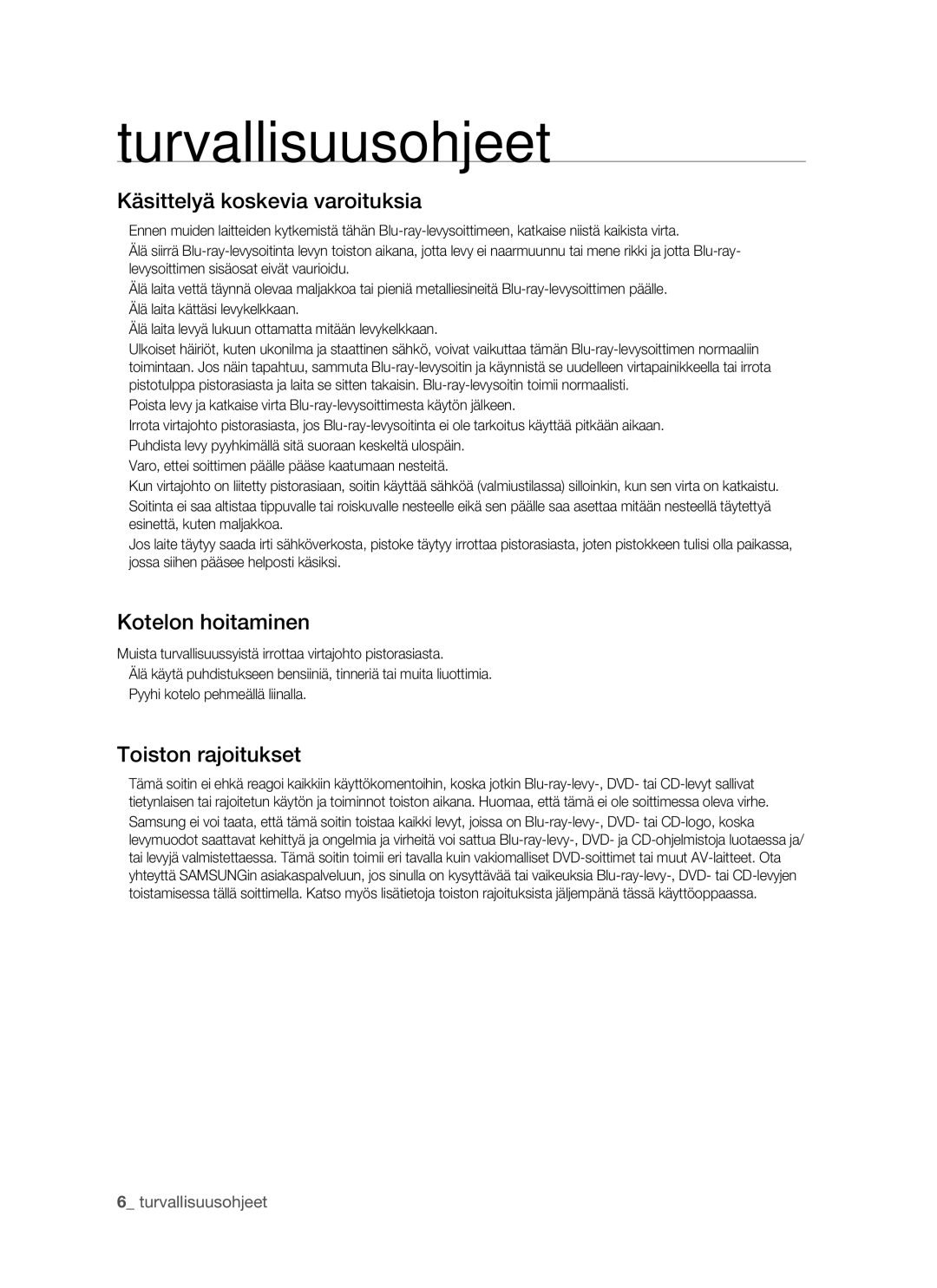 Samsung BD-P1500/XEE manual Käsittelyä koskevia varoituksia 