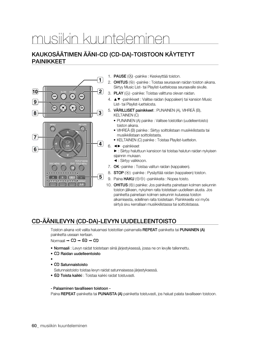 Samsung BD-P1500/XEE Kaukosäätimen ÄÄNI-CD CD-DA-TOISTOON Käytetyt Painikkeet, CD-ÄÄNILEVYN CD-DA-LEVYN Uudelleentoisto 