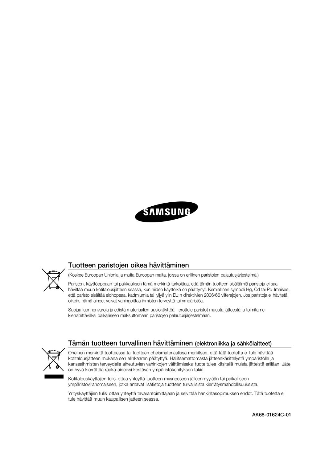 Samsung BD-P1500/XEE manual Tuotteen paristojen oikea hävittäminen 