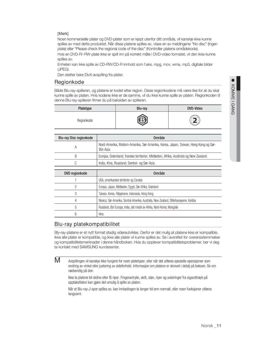 Samsung BD-P1500/XEE manual Regionkode, Blu-ray platekompatibilitet 