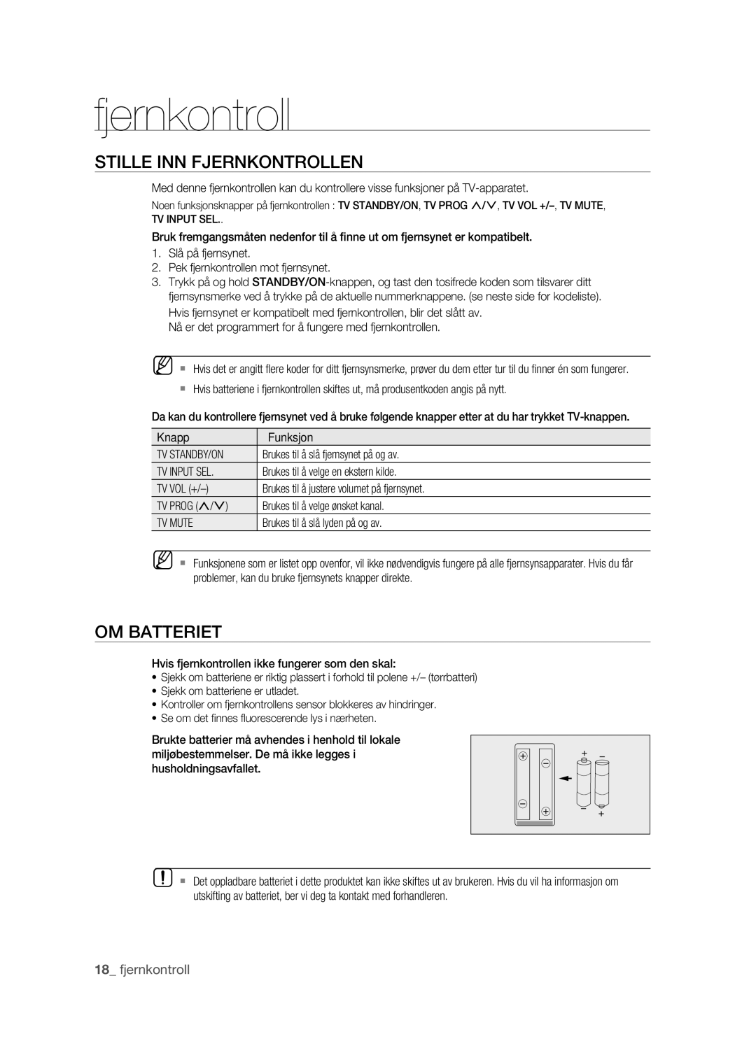 Samsung BD-P1500/XEE manual Stille INN Fjernkontrollen, OM Batteriet, Tv Standby/On, TV Input SEL, TV Mute 