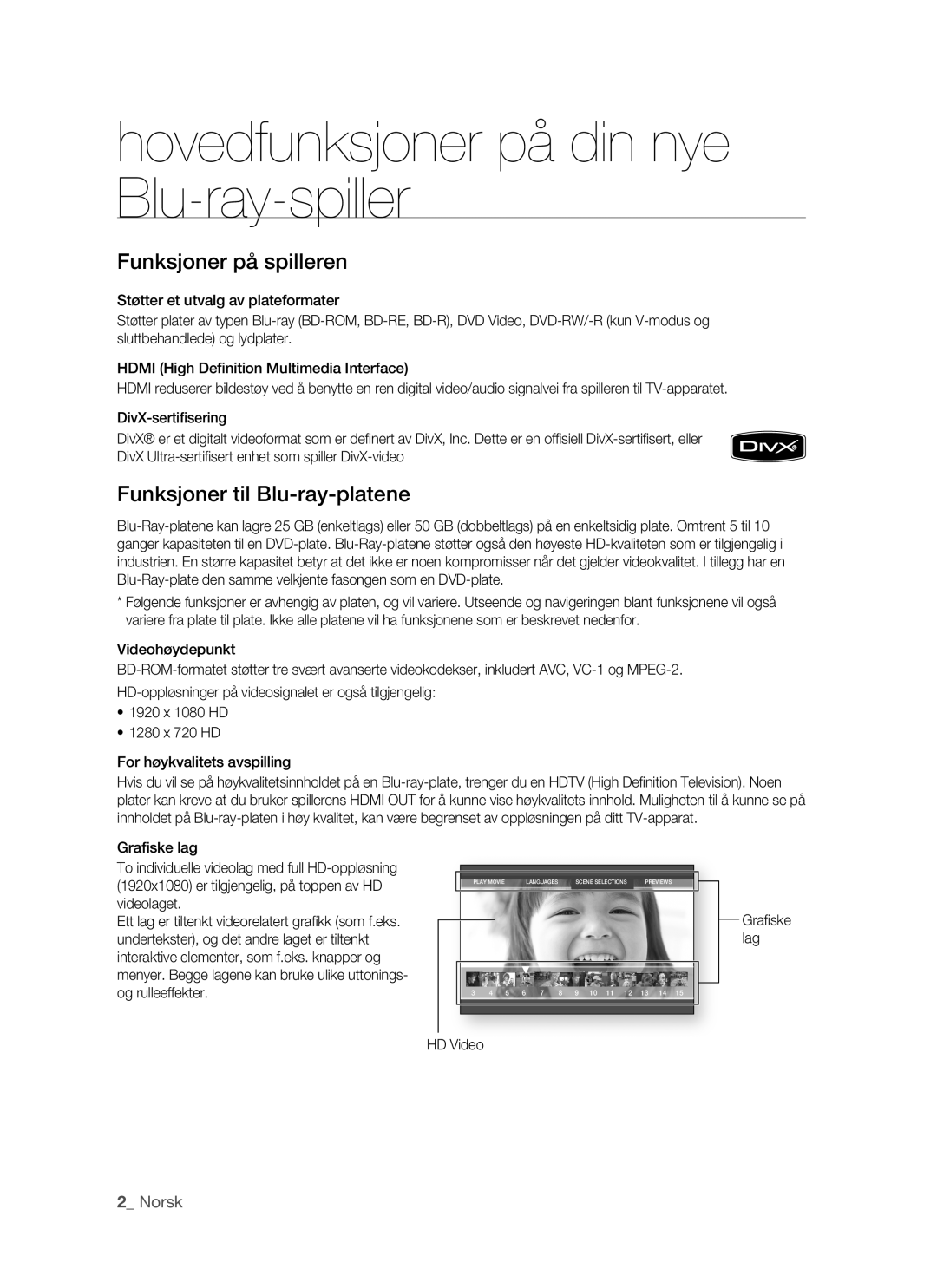 Samsung BD-P1500/XEE manual Hovedfunksjoner på din nye Blu-ray-spiller, HD Video 