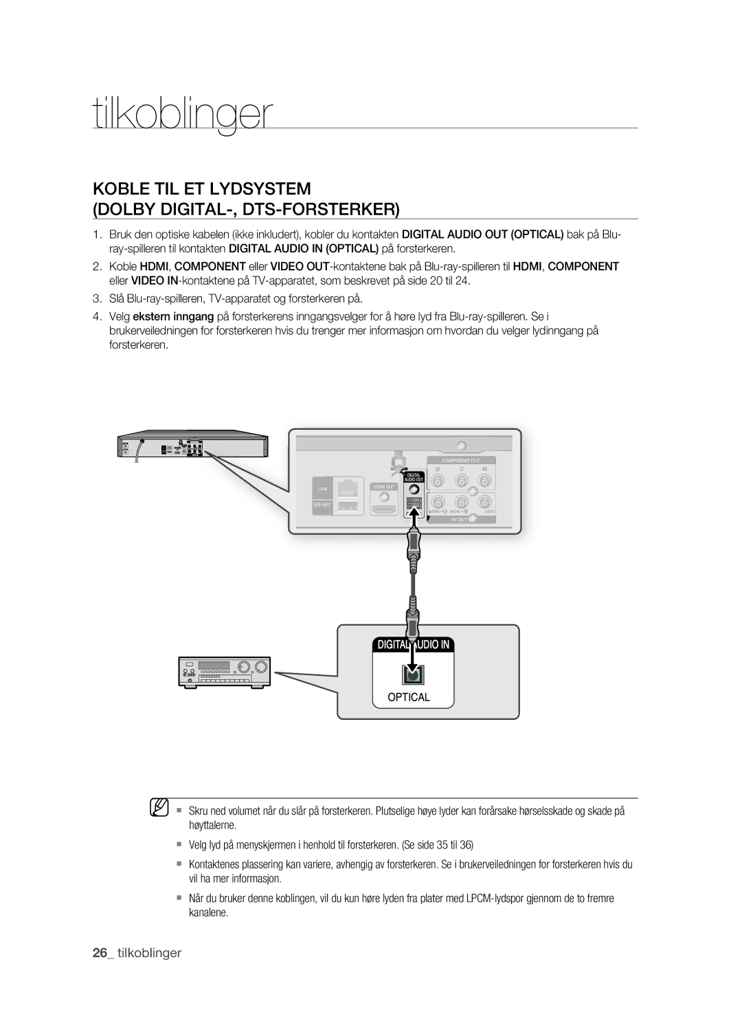 Samsung BD-P1500/XEE manual Koble TIL ET Lydsystem Dolby DIGITAL-, DTS-FORSTERKER 