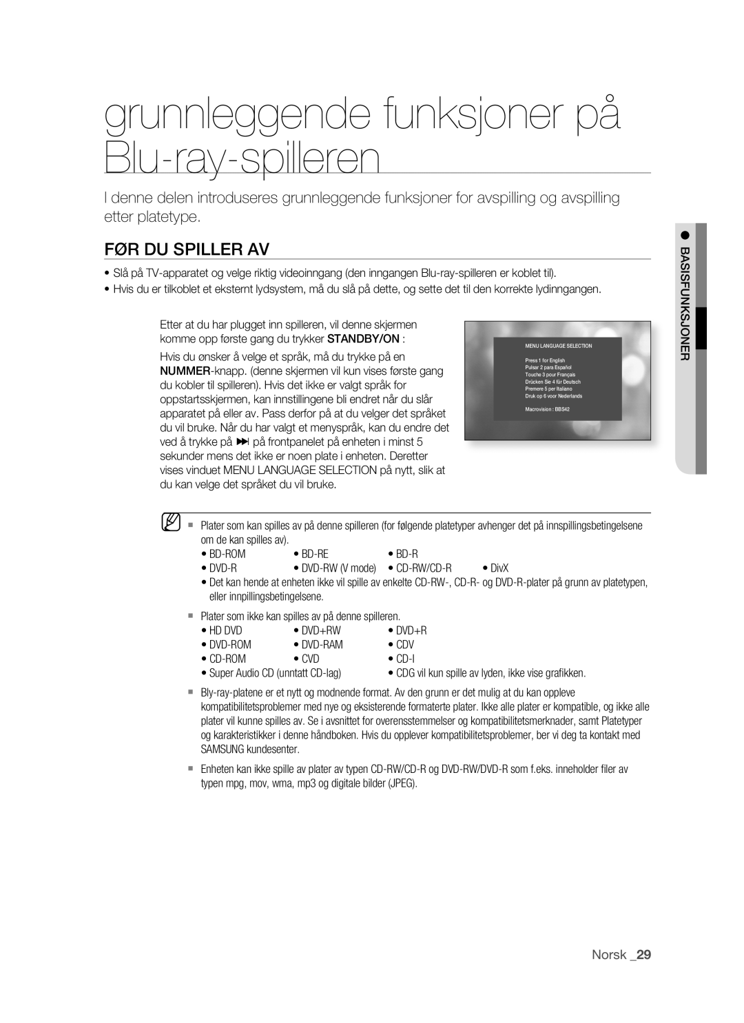 Samsung BD-P1500/XEE manual Grunnleggende funksjoner på Blu-ray-spilleren, FØR DU Spiller AV, Cd-Rw/Cd-R 