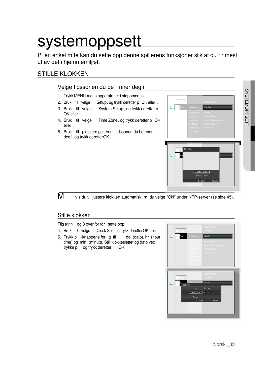 Samsung BD-P1500/XEE manual Systemoppsett, Stille Klokken, Velge tidssonen du beﬁnner deg, Stille klokken 