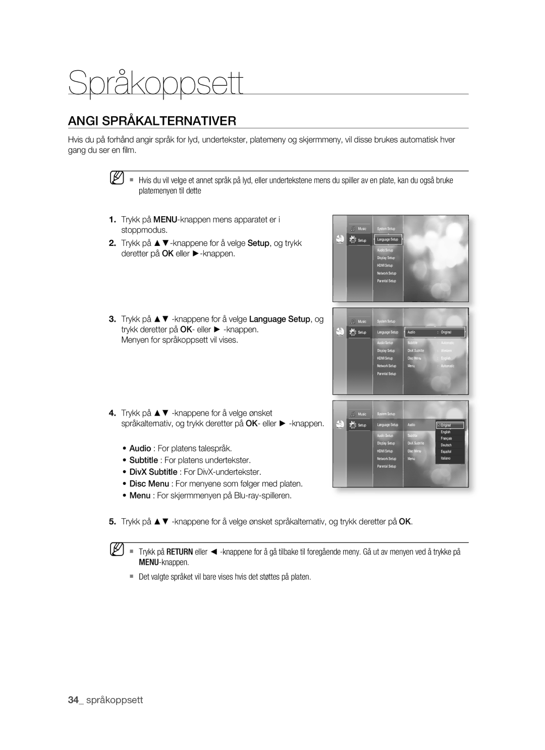 Samsung BD-P1500/XEE manual Språkoppsett, Angi Språkalternativer 