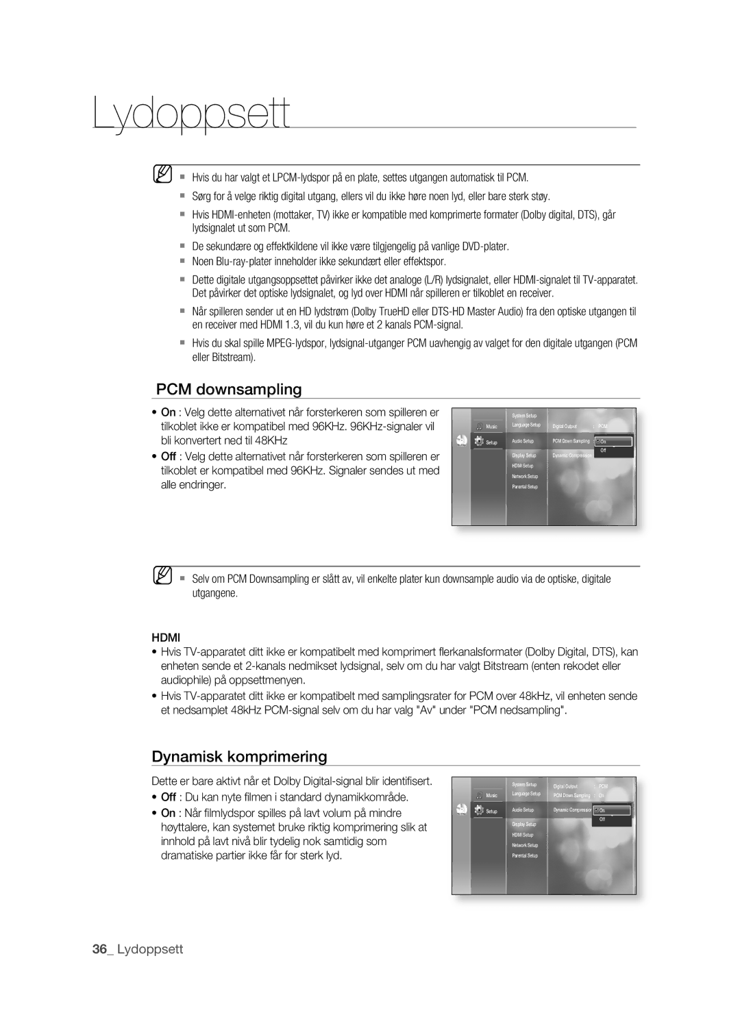 Samsung BD-P1500/XEE manual PCM downsampling, Dynamisk komprimering, Hdmi, Off Du kan nyte ﬁlmen i standard dynamikkområde 