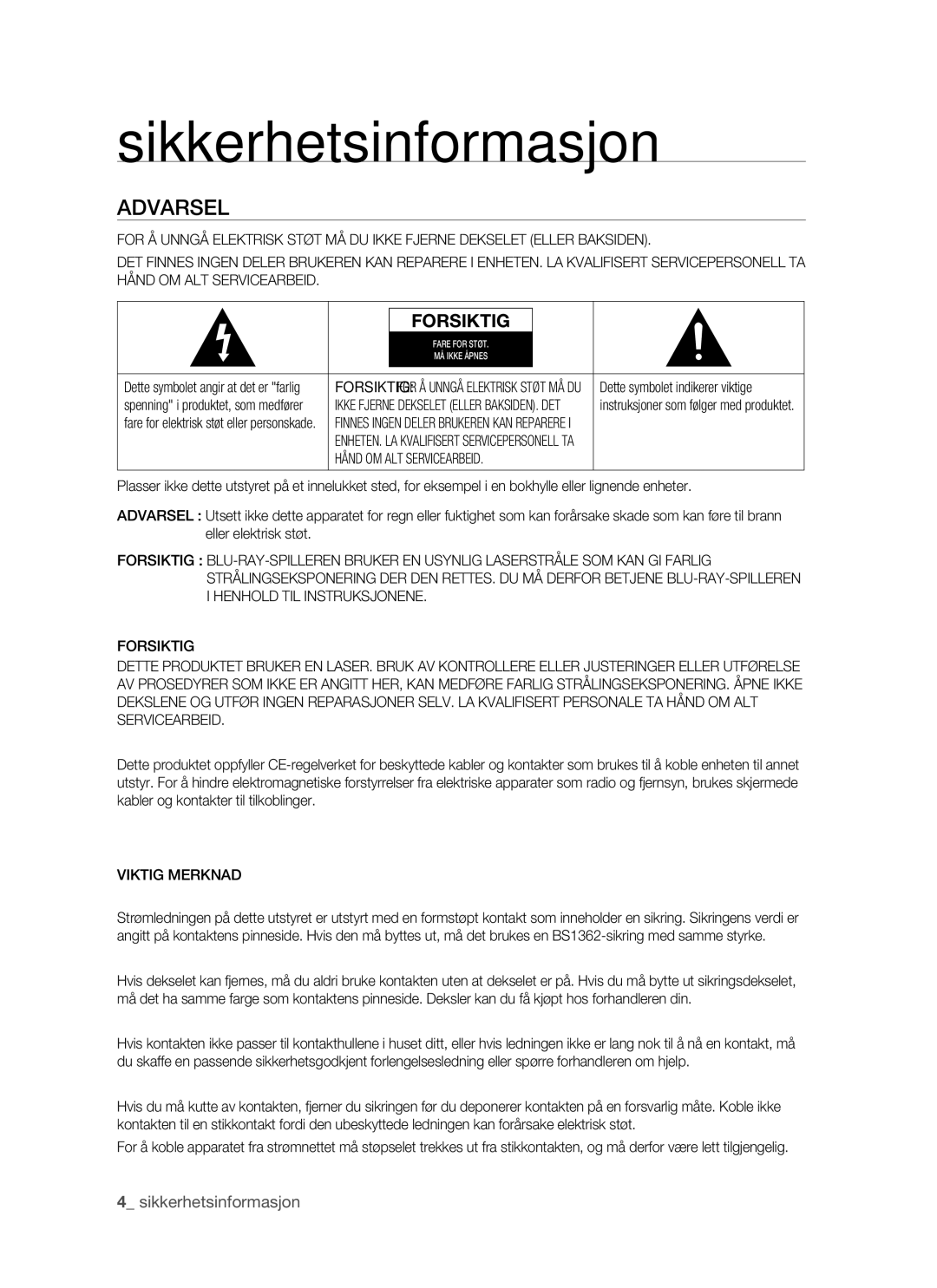 Samsung BD-P1500/XEE manual Sikkerhetsinformasjon, Hånd OM ALT Servicearbeid, Viktig Merknad 