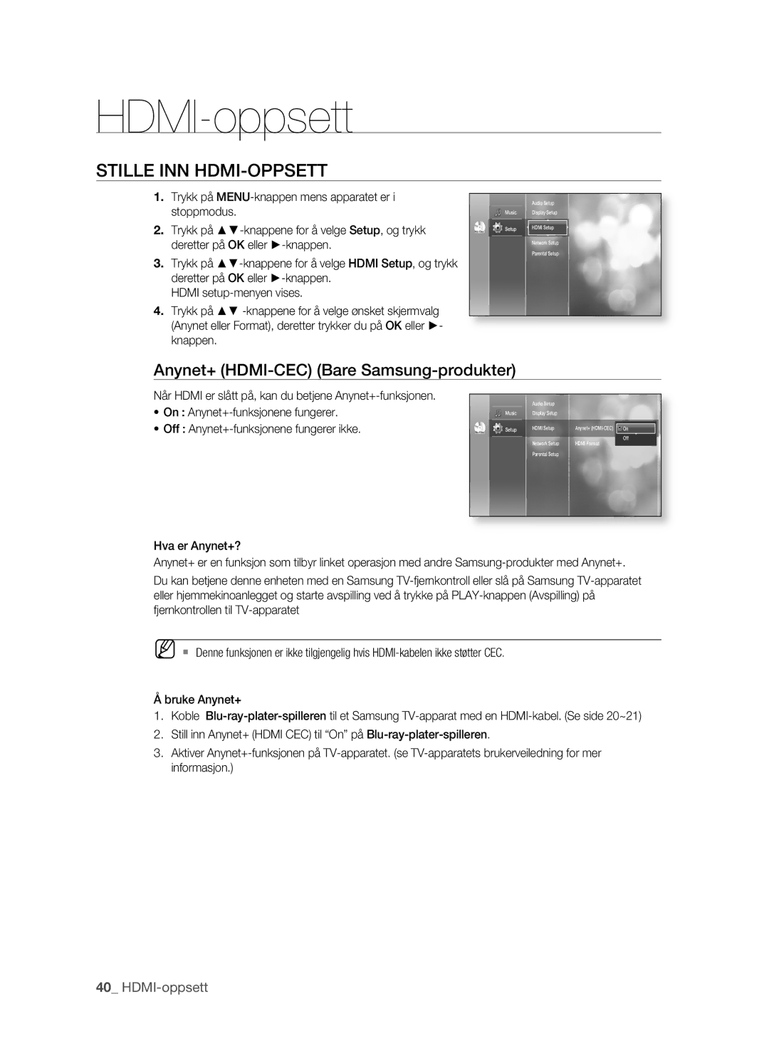 Samsung BD-P1500/XEE manual HDMI-oppsett, Stille INN HDMI-OPPSETT, Anynet+ HDMI-CEC Bare Samsung-produkter 